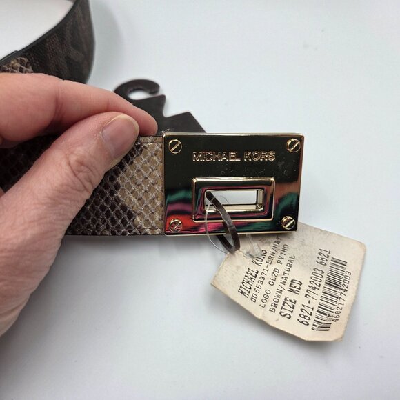 Michael Kors Belt Womens Medium Brown MK Logo Python Print Adjustable Slide NEW - Picture 3 of 10